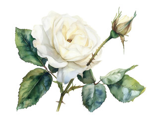 Watercolor white wedding roses flowers DIY individual element. Hand painted realistic botanical illustration isolated on white background for cards, invitations and posters.