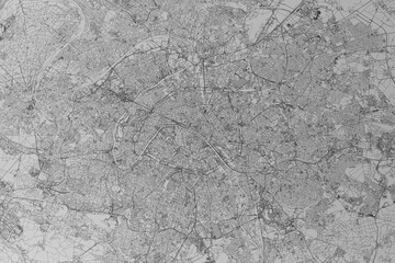 Map of the streets of Paris (France) made with black lines on grey paper. Top view. 3d render, illustration