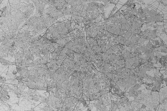 Fototapeta Map of the streets of Paris (France) made with black lines on grey paper. Top view. 3d render, illustration
