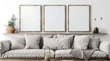 Multi mockup poster frames on a decorative shelf, next to a trendy sectional sofa