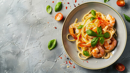 Italian pasta fettuccine in a creamy sauce with shrimp on a plate, top view. Copy space. Healthy whole grain linguine with shrimps, fresh Parmesan cheese, and parsley. Restaurant menu, recipe