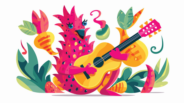A dancing dragon fruit with maracas adding a tropic