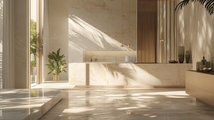 a modern clean kitchen adorned with high ceilings and a contemporary white, beige, and golden interior palette, radiating elegance and sophistication.