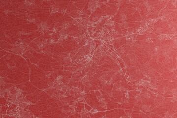Map of the streets of Stuttgart (Germany) made with white lines on red paper. Top view, rough background. 3d render, illustration