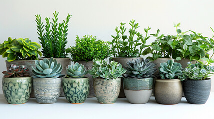 A collection of assorted potted houseplants, each one distinct in shape and size, arranged neatly on a clean white surface.