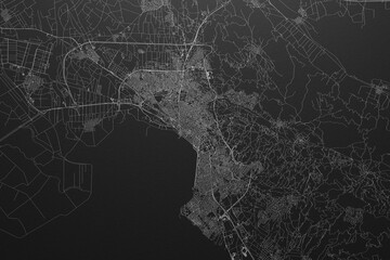 Street map of Thessaloniki (Greece) on black paper with light coming from top