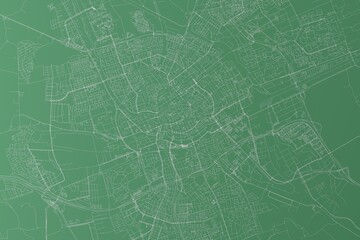 Stylized map of the streets of Groningen (Netherlands) made with white lines on green background. Top view. 3d render, illustration - obrazy, fototapety, plakaty