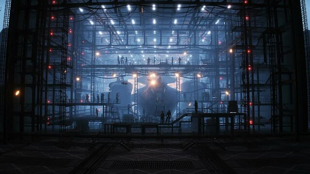 Production of military futuristic ship at the factory. People and robots Future concept. Realistic 4k animation.
