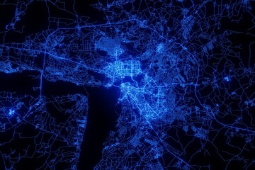 Street map of Kazan (Russia) made with blue illumination and glow effect. Top view on roads network - obrazy, fototapety, plakaty