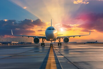 passenger plane, plane lands on the airport runway in beautiful sunset light - obrazy, fototapety, plakaty