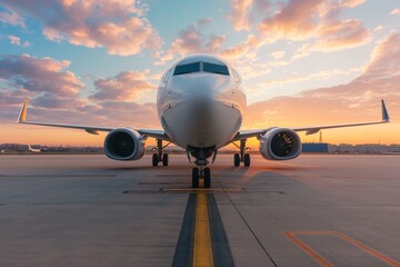 passenger plane, plane lands on the airport runway in beautiful sunset light