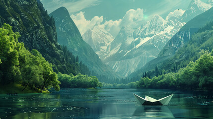 Gorgeous scene of a paper boat floating in a lake landscape background