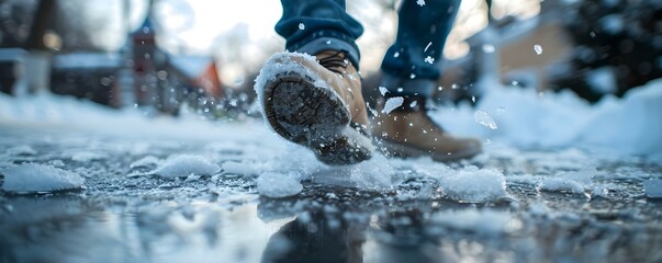 Man slipping on icy sidewalk city hazard . Concept Slippery Sidewalks, Winter Accidents, Urban Hazards, City Safety, Icy Pathways - obrazy, fototapety, plakaty