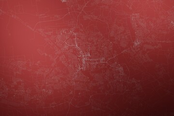 Map of the streets of Donetsk (Ukraine) made with white lines on abstract red background lit by two lights. Top view. 3d render, illustration - obrazy, fototapety, plakaty