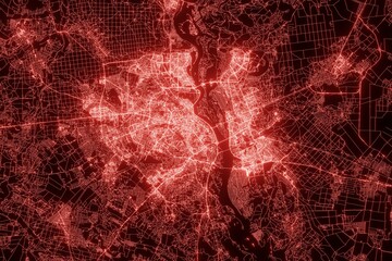 Street map of Kyiv (Ukraine) made with red illumination and glow effect. Top view on roads network. 3d render, illustration - obrazy, fototapety, plakaty