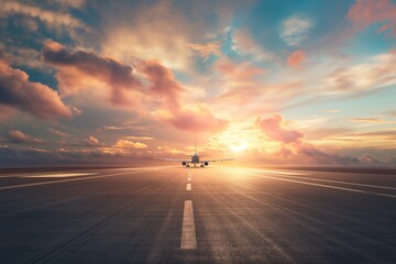 passenger plane, plane lands on the airport runway in beautiful sunset light - 756358940
