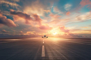 Poster passenger plane, plane lands on the airport runway in beautiful sunset light © mirifadapt
