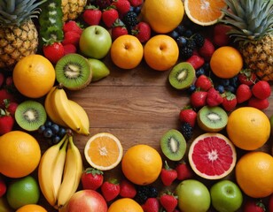 Naklejka na ściany i meble Mix of bright various fruits. view from above