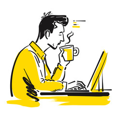 Yellow Minimalist Vector Man Working on Laptop with Coffee