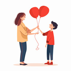 Fototapeta na wymiar Woman Gifting Heart-Shaped Balloons to Son in Minimalist Vector Illustration