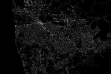 Stylized map of the streets of Tijuana (Mexico) made with white lines on black background. Top view. 3d render, illustration