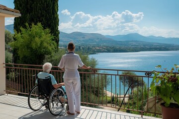 Old woman in a wheelchair with a nurse on a terrace in the south city