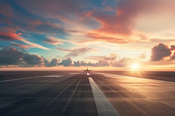 empty runway on the airport, runway in beautiful sunset light - obrazy, fototapety, plakaty