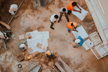 Teamwork in the field: A group of workers working together on a construction site, coordinating their effort