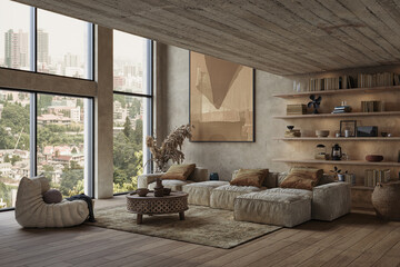Grunge interior with concrete walls and hardwood flooring. Loft style, 3d rendering  - obrazy, fototapety, plakaty