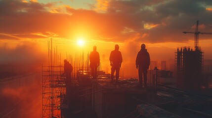 Fototapeta premium Teamwork in the field: A group of workers working together on a construction site, coordinating their effort