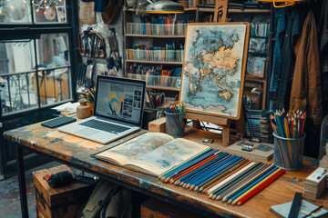 Vintage map on artist's workspace with laptop