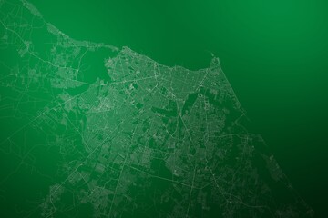 Map of the streets of Fortaleza (Brazil) made with white lines on abstract green background lit by two lights. Top view. 3d render, illustration - obrazy, fototapety, plakaty