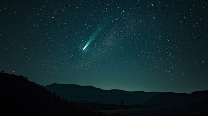 Beautiful Landscape with Stars and Shooting Star Meteor at Night