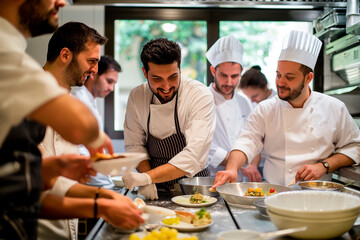 Teamwork in the kitchen. A group of chefs working together in a busy restaurant, preparing meals on kitchen