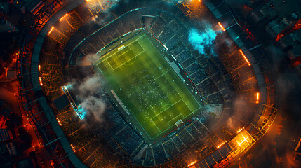 an aerial view of a soccer stadium at night