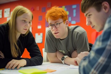Teamwork in the classroom. A group of Teenage students working together on a project, discussing ideas