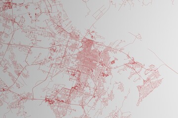 Map of the streets of Savannah (Georgia, USA) made with red lines on white paper. 3d render, illustration