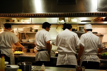 Teamwork in the kitchen. A group of chefs working together in a busy restaurant, preparing meals on kitchen - obrazy, fototapety, plakaty