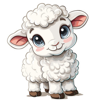Cute Cartoon Baby Sheep with Big Eyes, Vector
