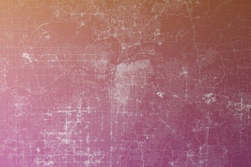 Map of the streets of Kansas City (Missouri, USA) made with white lines on pinkish red gradient background. Top view. 3d render, illustration