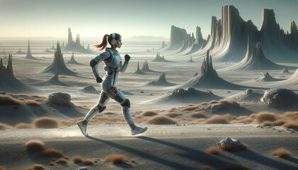 a young girl jogging in an otherworldly another planet landscape  - 756359706