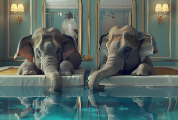 Elephants cool off on a hot day by relaxing in a refreshing pool of water