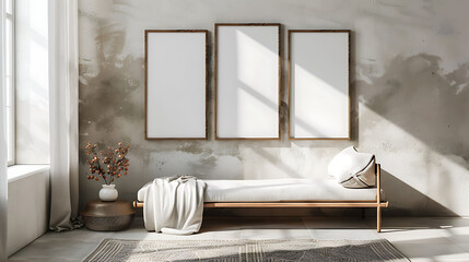 Multi mockup poster frames on plaster wall, near vintage daybed, Scandinavian style living room