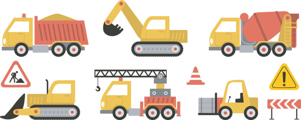set of construction equipment. Special machines for the construction work. Forklifts, cranes, excavators, tractors, bulldozers, trucks. Special equipment. Commercial Vehicles. - 756359765