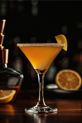 A sidecar cocktail in a martini glass with a sugar rim and lemon peel. Generative AI.