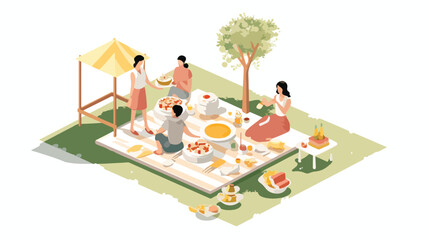 A dollhouse family having a picnic in the backyard