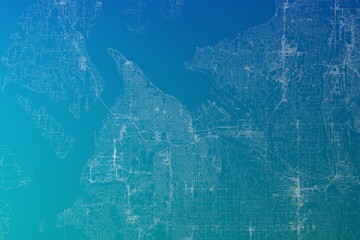 Map of the streets of Tacoma (Washington, USA) made with white lines on greenish blue gradient background. 3d render, illustration - obrazy, fototapety, plakaty