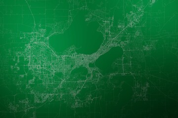 Map of the streets of Madison (Wisconsin, USA) made with white lines on abstract green background lit by two lights. Top view. 3d render, illustration - obrazy, fototapety, plakaty