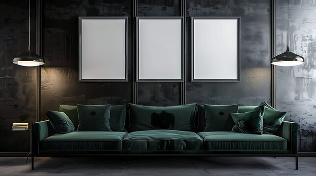 Multi mockup poster frames on a sleek glass panel, near a luxurious velvet sofa