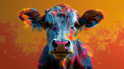 Drawing of a cow painted on a concrete surface. Graffiti style and urban art.